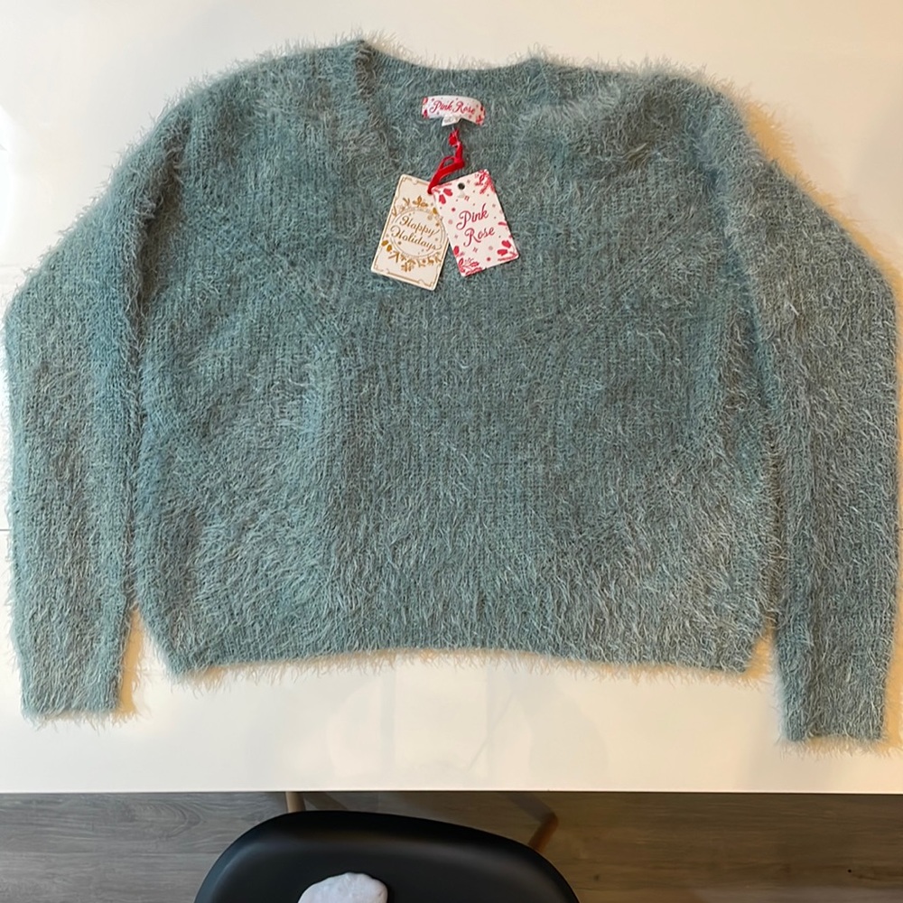 Pink rose women’s v neck sweater. Frozen ivy color.  Size large